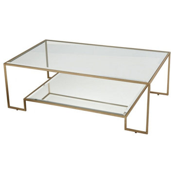 Modern Two-Tier Glass Mirror Rectangular Coffee Table in Gold Leaf Finish Metal