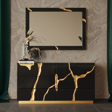 Piaz Dresser, Luxe Glam Chest Gold Bedroom Drawer, Black