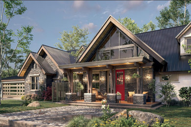 Mid-sized transitional beige one-story stone house exterior idea with a metal roof and a brown roof