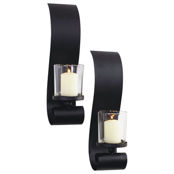 3.5x14" Set of 2 Bold II Candle Wall Sconce Holder With Glass Black Metal