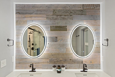 Photo of a mid-sized modern master bathroom in San Francisco with shaker cabinets, blue cabinets, a double shower, a bidet, beige tile, wood-look tile, white walls, porcelain floors, an undermount sink, quartzite benchtops, a hinged shower door, white benchtops, a double vanity and a built-in vanity.