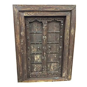 Mogul interior - Consigned Reclaimed Wood Indian Doors Haveli Style Decor Jharokha Teak With Iron - Hand carved wooden double door window with frame from India.
