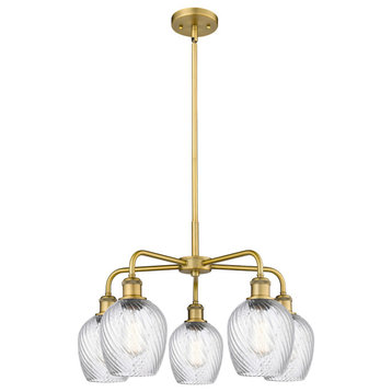 Salina 5-Light 23" Stem Chandelier, Brushed Brass With Clear Spiral Fluted Shade