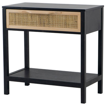 Benzara BM285122 Accent Side Table, Pine Wood, Woven Rattan, 1 Drawer, Black