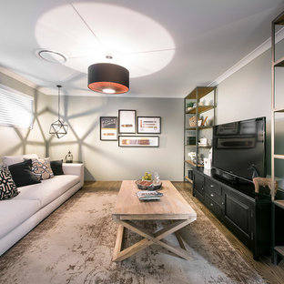 Medium sized rustic enclosed home cinema in Perth with grey walls and travertine flooring.