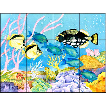 Tile Mural, Clown And Trigger Fish by Linda Lord