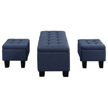 Contemporary Storage Bench With 2 Small Ottomans, Tufted Fabric Seat, Blue