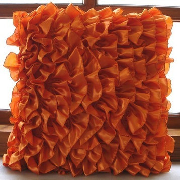 Vintage Style Ruffles Orange Euro Shams, Satin 26x26 Euro Pillow -Vintage Orange