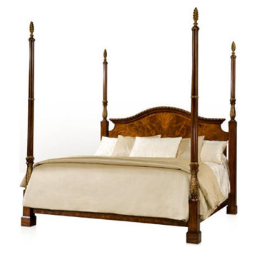 Flame mahogany poster bed with spiral carved pine cone finials
