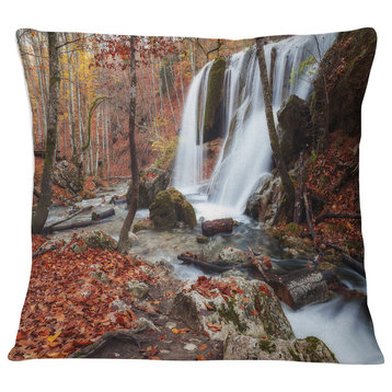 Crimea Waterfall in the Fall Landscape Photo Throw Pillow, 18"x18"