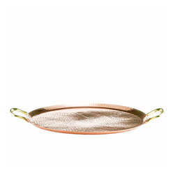 15.5 in. Copper Hammered Round Tray with Brass Handles - Serving Trays