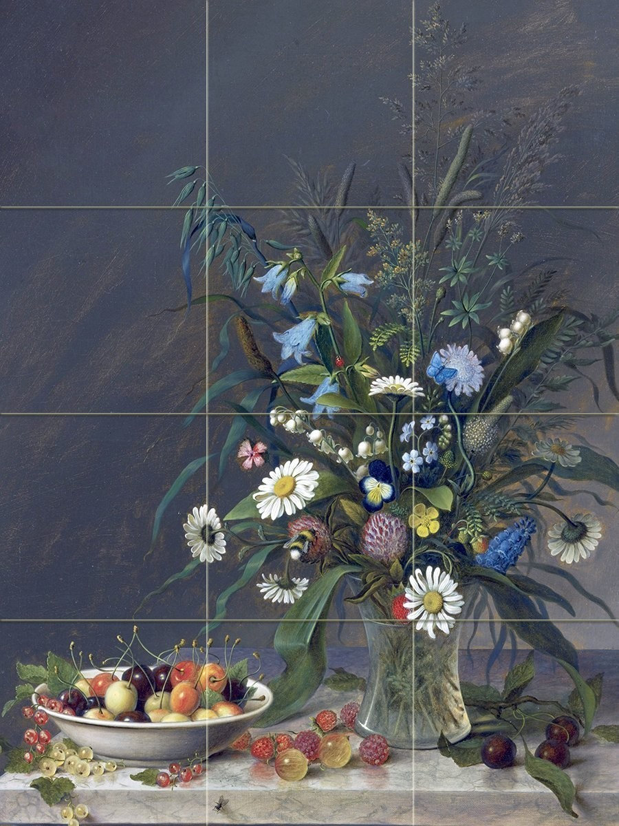 Mural En Céramique "Still Life Of Peonies & Cock's Comb" - 25.5x34 Pouces - Pour Cuisine/Salle De Bain