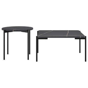 Arlo Marbled Finish Top Coffee and Side Table Set, Black Marble