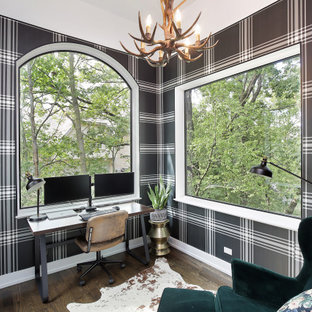 Inspiration for a small transitional study room in Chicago with multi-coloured walls, dark hardwood floors, a freestanding desk and brown floor.