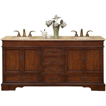 60 Inch Small Dark Brown Double Sink Bathroom Vanity, Travertine, Traditional, A