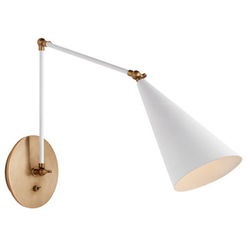 Clemente Double Arm Library Wall Sconce, 1-Light, White, Brass, 35.5"H