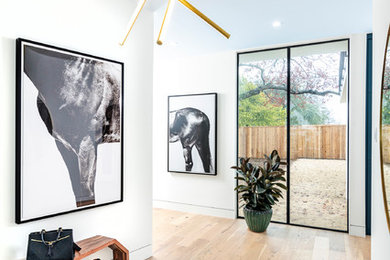 Inspiration for a contemporary light wood floor hallway remodel in Austin with yellow walls