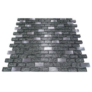 Metal Inserts and Brick Pattern Mosaic Tile, Black With Silver, 11 Sheets