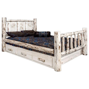 Montana Woodworks Wood Queen Storage Bed with Engraved Bear Design in Natural
