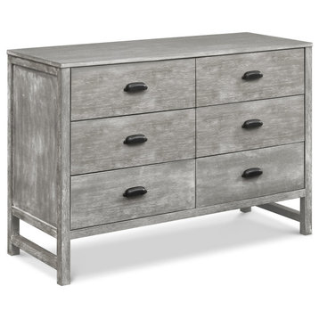 Farmhouse Double Dresser, Pine Frame & 6 Drawer With Hooded Pulls, Gray