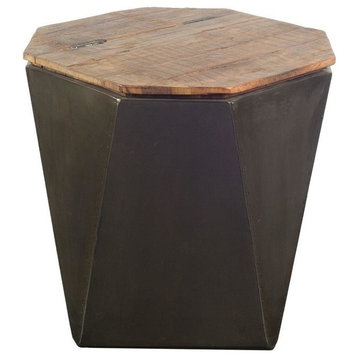 Esagono Black Metal & Reclaimed Wood Octagonal Side Table w/Hidden Storage