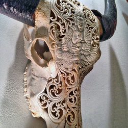 Hand Carved Skull - Water Buffalo, Buddha Design, White - Artwork