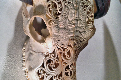 Hand Carved Skull - Water Buffalo, Buddha Design, White
