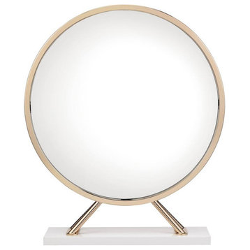 ACME Midriaks Metal Round Mirror and Faux Leather Stool in White and Gold