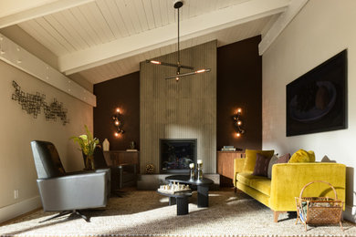 Inspiration for a mid-sized mid-century modern enclosed carpeted, beige floor and shiplap ceiling living room remodel in San Francisco with brown walls and a standard fireplace