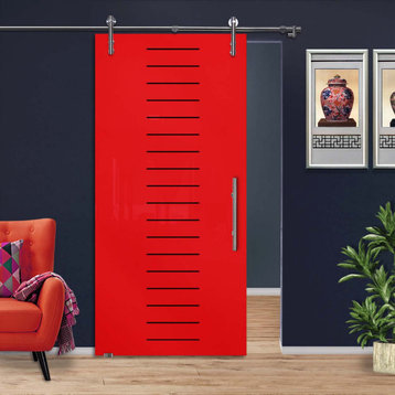 Sliding Door With Painted Glass & Design V1000, 32"x81", Red Back Painted