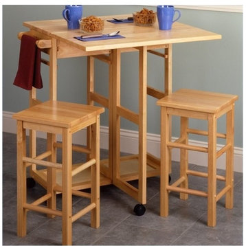 Pemberly Row 3-Piece Drop Leaf Solid Wood Kitchen Cart with 2 Stools in Natural