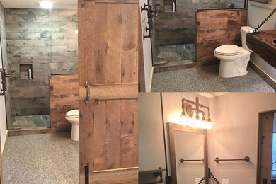 Example of a mid-sized mountain style 3/4 gray tile and porcelain tile doorless shower design in Minneapolis with medium tone wood cabinets, a two-piece toilet, gray walls, a wall-mount sink and wood countertops