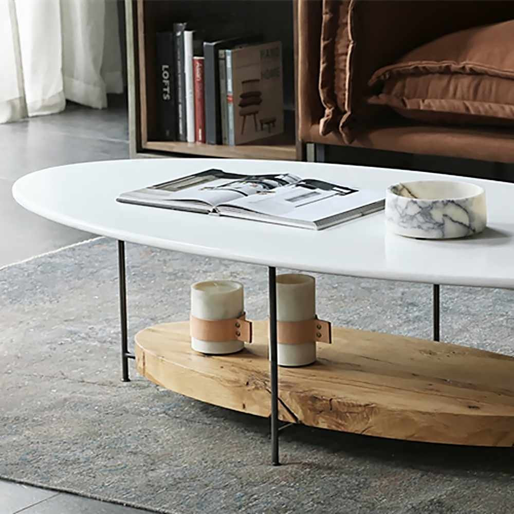 39" Modern Oval Coffee Table with Storage Shelf Light Wood and Metal ...