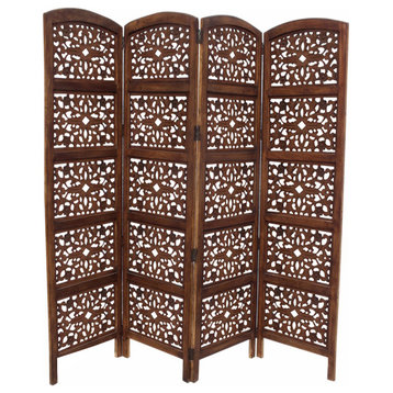 Handmade Foldable 4 Panel Wooden Partition Screen Room Divider, Brown