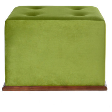 Transitional Ottoman, Square Design With 4 Decorative Buttons, Green/Dark Brown