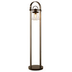 Hubbardton Forge - Erlenmeyer Floor Lamp, Dark Smoke Finish, Clear Glass - Inspired by the flat-bottomed Erlenmeyer flask, this floor lamp has life beyond the lab. With the handcrafted steel collar encircling the thick blown-glass flask, it's an industrial design with an infused steampunk feel.
