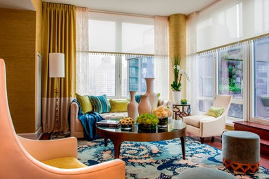 Mid-sized trendy formal and open concept porcelain tile living room photo in New York with yellow walls
