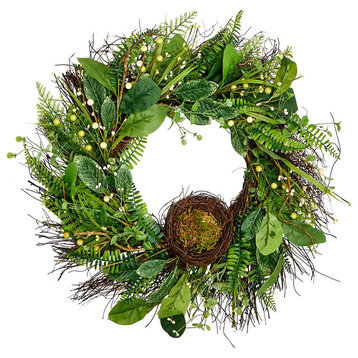 24" Green Leaves Berries and Nest Wreath on Natural Twig Base