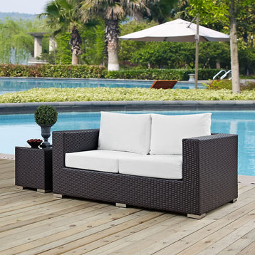 Outdoor Loveseat, Contemporary Design With Wicker Frame and White Cushioned Seat