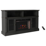 TRADEMARK GLOBAL - Electric Fireplace TV Stand for TVs up to 59" Media Console With Shelves - Add a spark of style to any room in your home with the TV Stand with Fireplace by Northwest. This sturdy entertainment center in a warm woodgrain black finish is ideal for up to 59-inch flat screen televisions. The large fixed open shelves and glass-paneled door cabinets with adjustable shelves create ample functional storage for cable boxes, DVD, Blu-ray players, books, movies, and home Decor. The TV console also includes a convenient cord management slot for wiring. The TV stand fireplace features energy efficient LED flames with beautiful combinations of red, orange, and blue to create six flame color options, adjustable heat settings of up to 12 levels, and a timer for automatic shut off - all of which can be controlled by a manual panel or by the included remote control with a pre-installed CR2025 battery for added convenience. The versatile ventless fireplace can be used with or without heat allowing for year-round enjoyment and flexibility to bring ambiance in any room, any season.