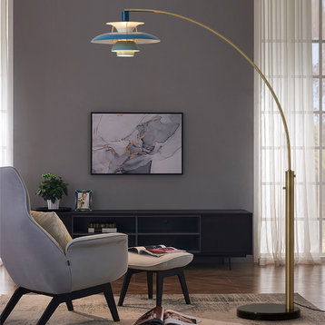 Palm Springs 1 Light Arc Floor Lamp - 83", Weathered Brass and Blue Tonal Shades