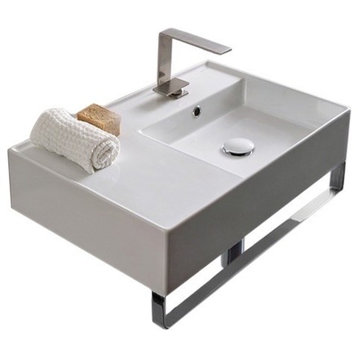 24" Ceramic Wall Mount Sink With Counter Space and Towel Bar, 1-Hole