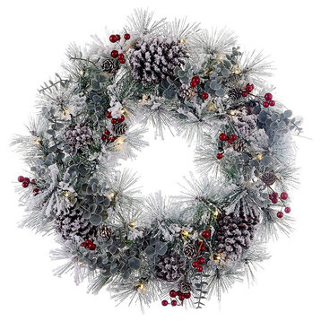 24" Battery-Operated Red Berries and Pinecone LED Wreath