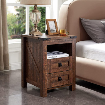 Farmhouse End Table with 2 Drawers Storage Cabinet for Bedroom, Living Room