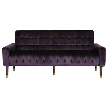 Adan Tufted Velvet Sofa With Gold Tipped Tapered Legs, Blackberry, Gold Finish