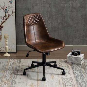 Faux Leather Black Base Swivel Desk Chair, Dark Brown
