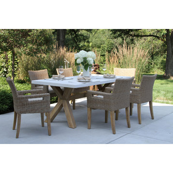 7-Piece Ivory Composite, Wheat Wicker and Eucalyptus Wash Rectangle Dining Set