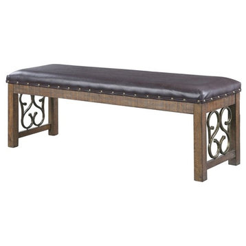 Traditional Dining Bench, Wooden Base With Scrolled Details & Faux Leather Seat