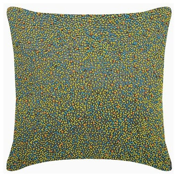 Multi Colored Throw Silk 20"x20" Decorative Pillows, Beaded, Multi Blooms