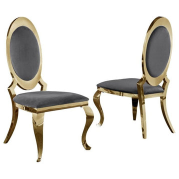 Classy Round Back Dark Gray Velvet Side Chairs with Gold Legs (Set of 2)